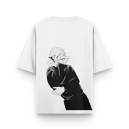 Sukuna oversized t-shirt featuring detailed embroidery of Sukuna from Jujutsu Kaisen on premium cotton.