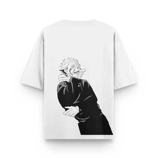 Sukuna oversized t-shirt featuring detailed embroidery of Sukuna from Jujutsu Kaisen on premium cotton.