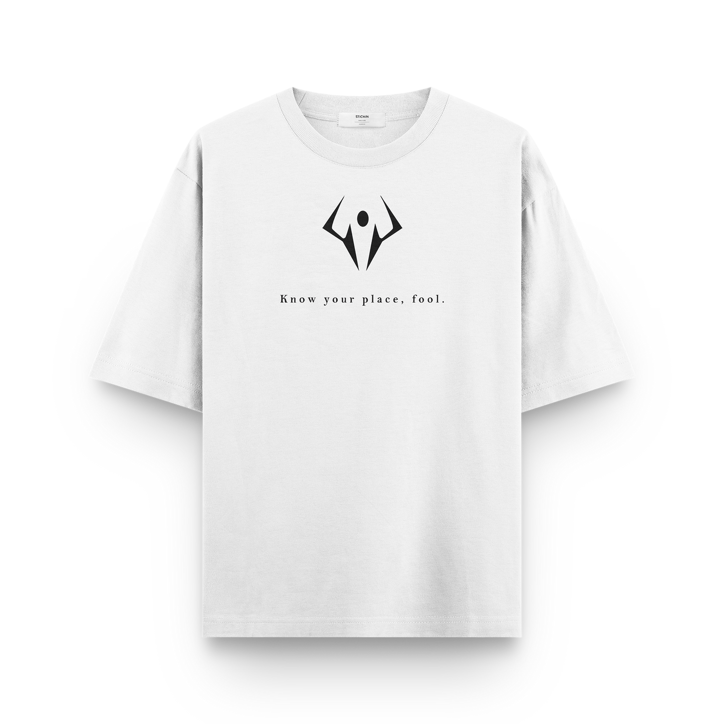 Sukuna oversized t-shirt featuring a bold design and the phrase 'Know your place, fool.' on a white background.