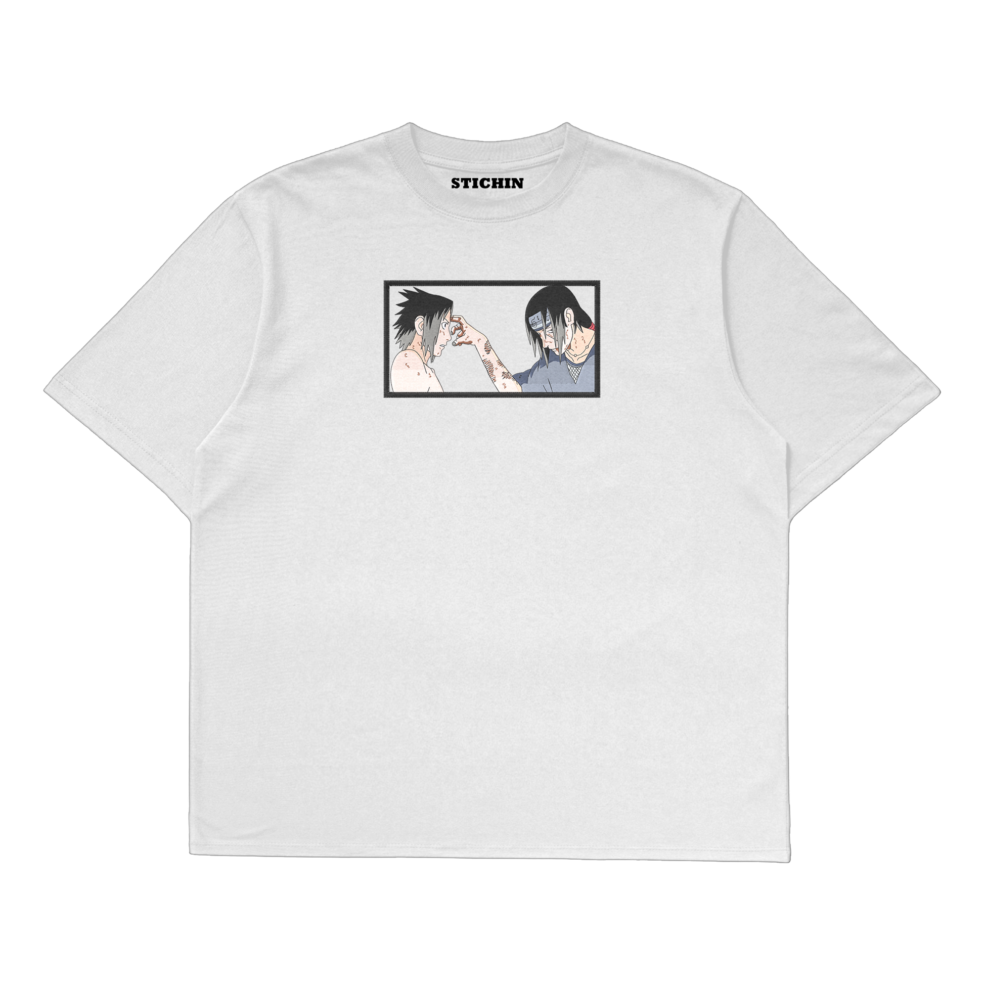 Sasuke Itachi embroidered oversized t-shirt featuring iconic Uchiha brothers design in vibrant red and black thread.