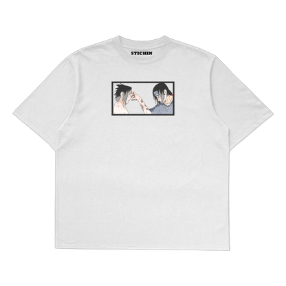Sasuke Itachi embroidered oversized t-shirt featuring iconic Uchiha brothers design in vibrant red and black thread.