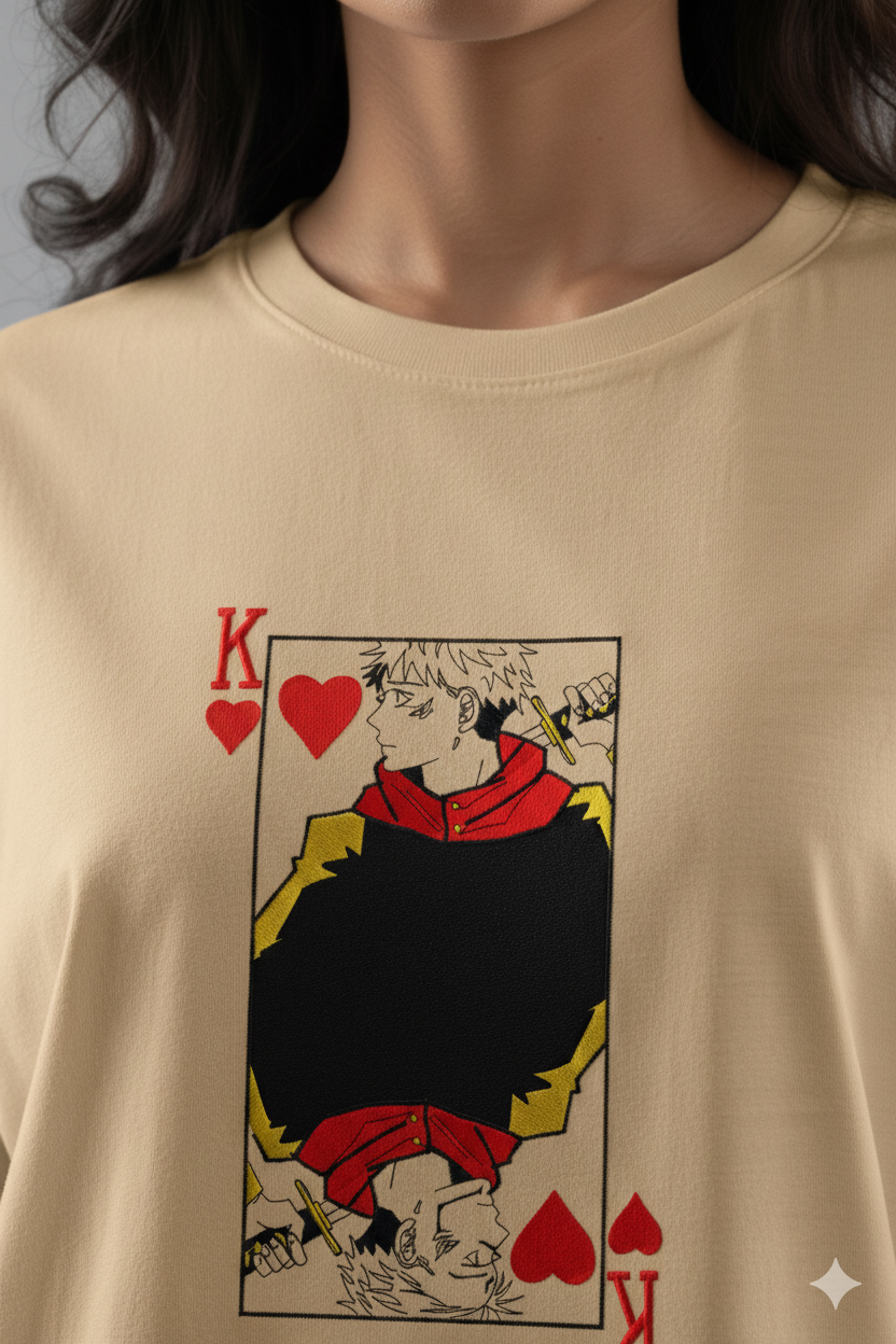 Yuji Sukuna Embroidered Oversized T-Shirt featuring King of Hearts design on a beige background.