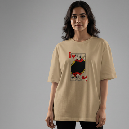 Yuji Sukuna Embroidered Oversized T-Shirt featuring King of Hearts design on a tan background.
