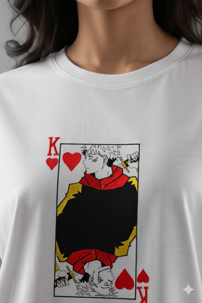 Yuji Sukuna Embroidered Oversized T-Shirt featuring King of Hearts design with detailed embroidery.