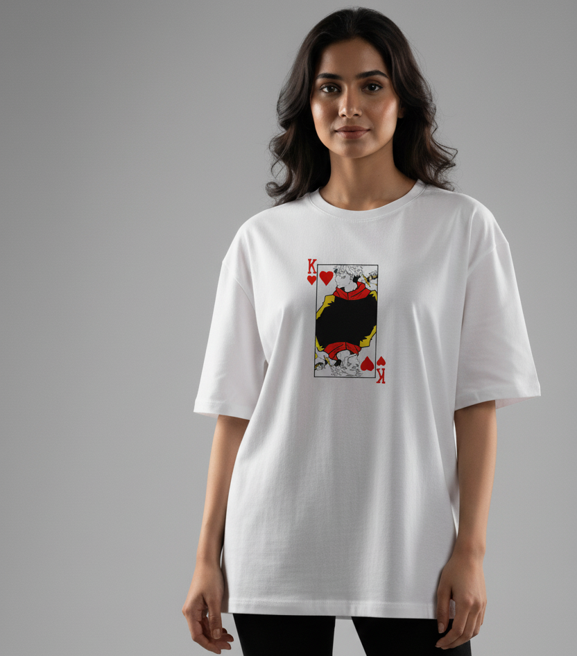 Yuji Sukuna Embroidered Oversized T-Shirt featuring King of Hearts design on a white background modelled by a woman.