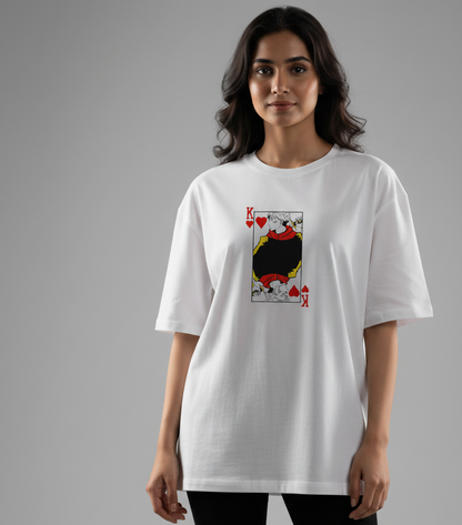 Yuji Sukuna Embroidered Oversized T-Shirt featuring King of Hearts design on a white background modelled by a woman.