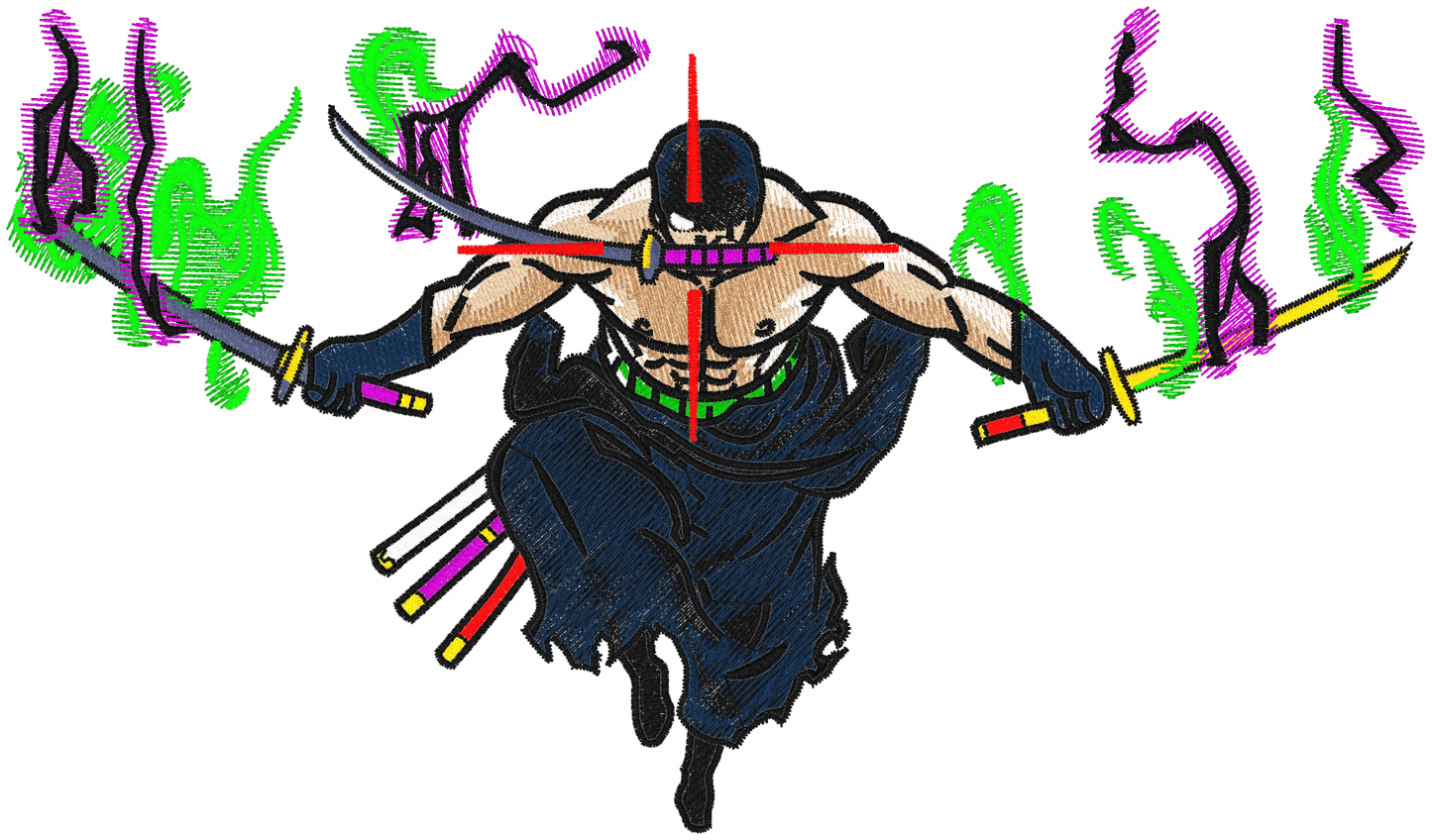 Zoro embroidered oversized t-shirt front view showing Three Sword Style anime embroidery by Stichin Studio India