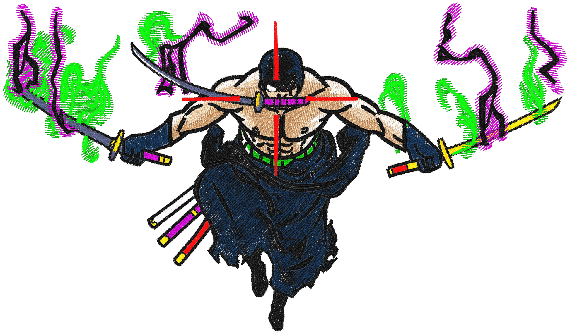 Zoro embroidered oversized t-shirt front view showing Three Sword Style anime embroidery by Stichin Studio India