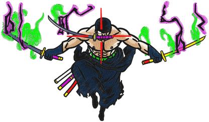 Zoro embroidered oversized t-shirt front view showing Three Sword Style anime embroidery by Stichin Studio India