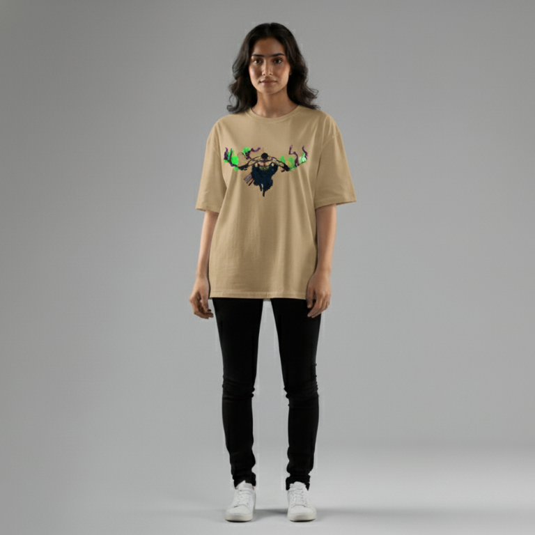 Zoro embroidered oversized t-shirt front view showing Three Sword Style anime embroidery by Stichin Studio India