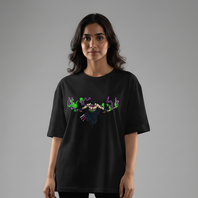 Zoro embroidered oversized t-shirt front view showing Three Sword Style anime embroidery by Stichin Studio India