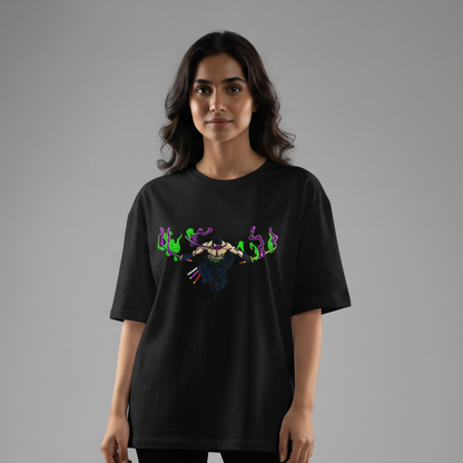 Zoro embroidered oversized t-shirt front view showing Three Sword Style anime embroidery by Stichin Studio India
