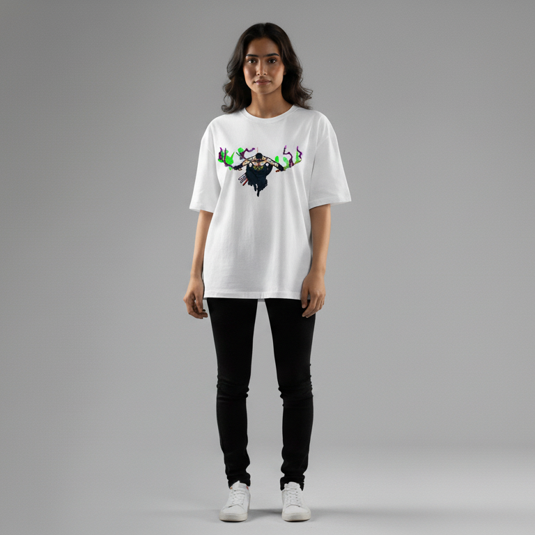 Zoro embroidered oversized t-shirt front view showing Three Sword Style anime embroidery by Stichin Studio India