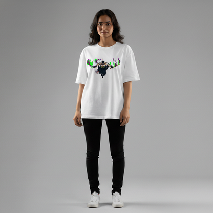 Zoro embroidered oversized t-shirt front view showing Three Sword Style anime embroidery by Stichin Studio India
