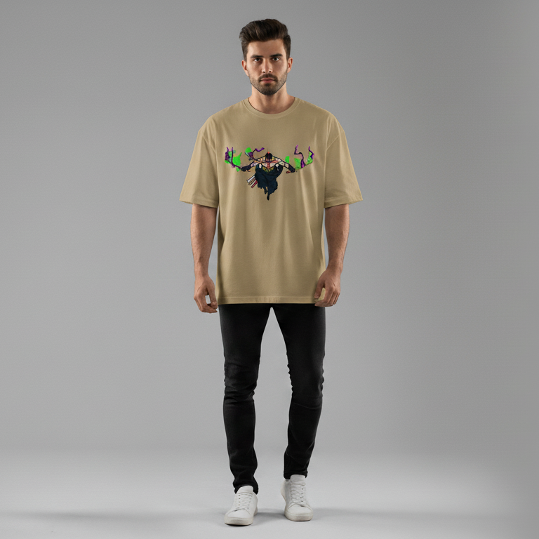 Zoro embroidered oversized t-shirt front view showing Three Sword Style anime embroidery by Stichin Studio India