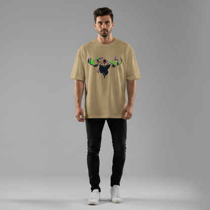 Zoro embroidered oversized t-shirt front view showing Three Sword Style anime embroidery by Stichin Studio India