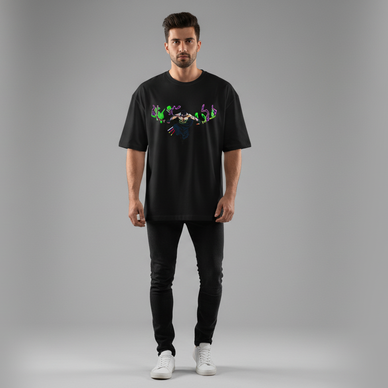 Zoro embroidered oversized t-shirt front view showing Three Sword Style anime embroidery by Stichin Studio India