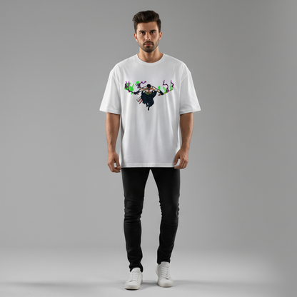 Zoro embroidered oversized t-shirt front view showing Three Sword Style anime embroidery by Stichin Studio India